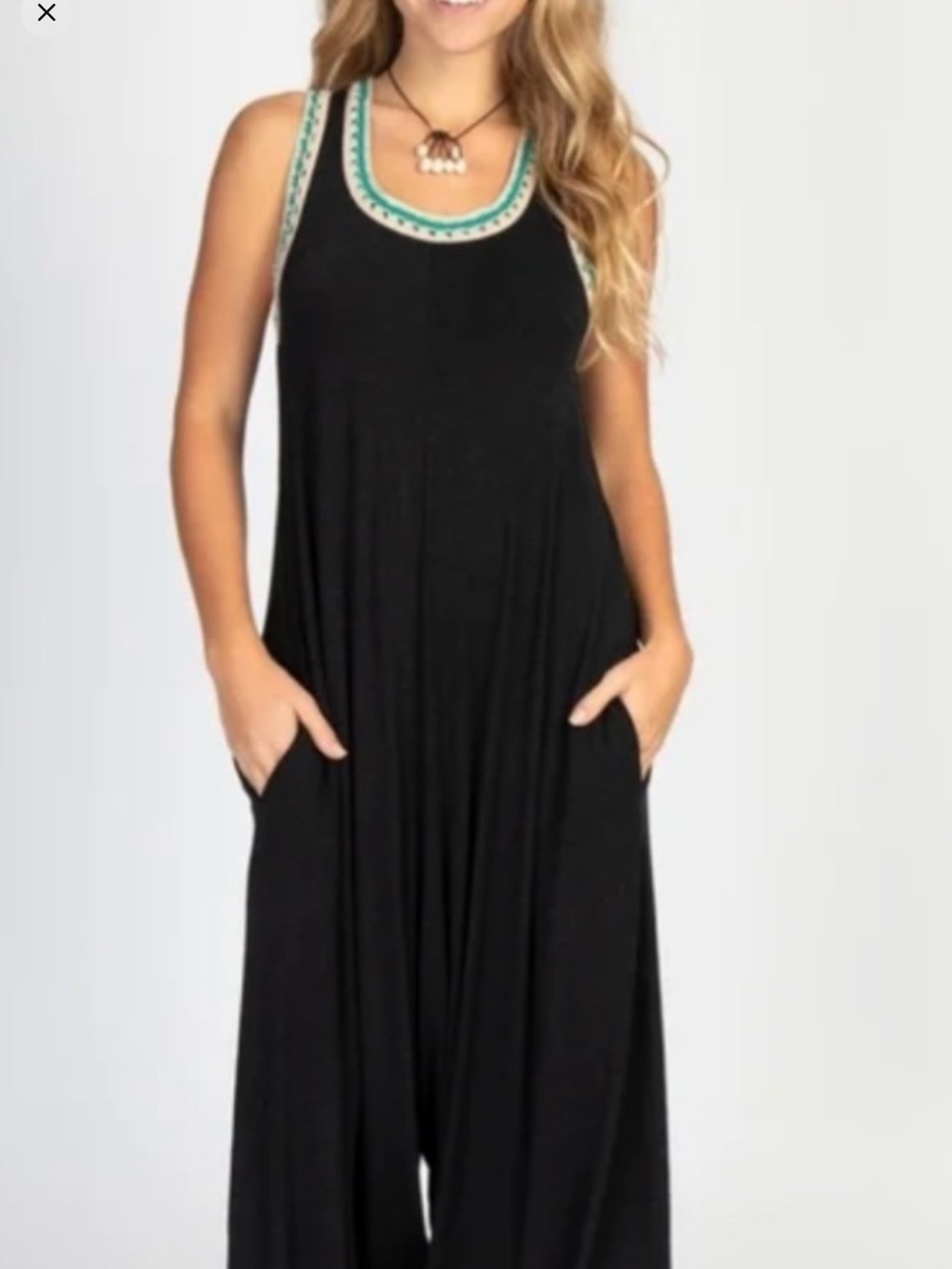 NATURAL LIFE Black Maxi Dress with Teal & Cream Neck Trim